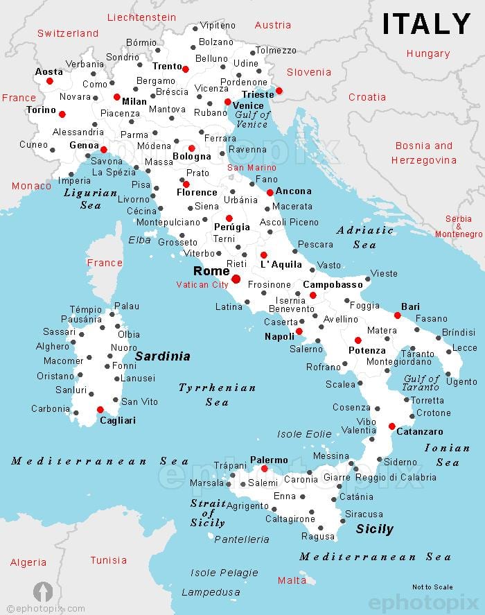 detaillierte Karte von Italien mit den Städten und Gemeinden