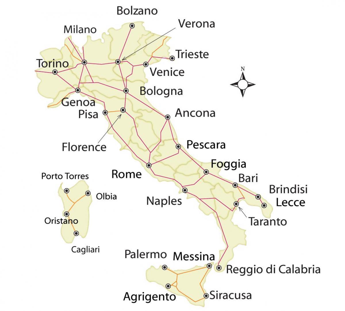 Karte der Bahnstrecken in Italien - Italien Bahn-Karte, Bahn-Routen in Italien (Europa Süd - Europa)