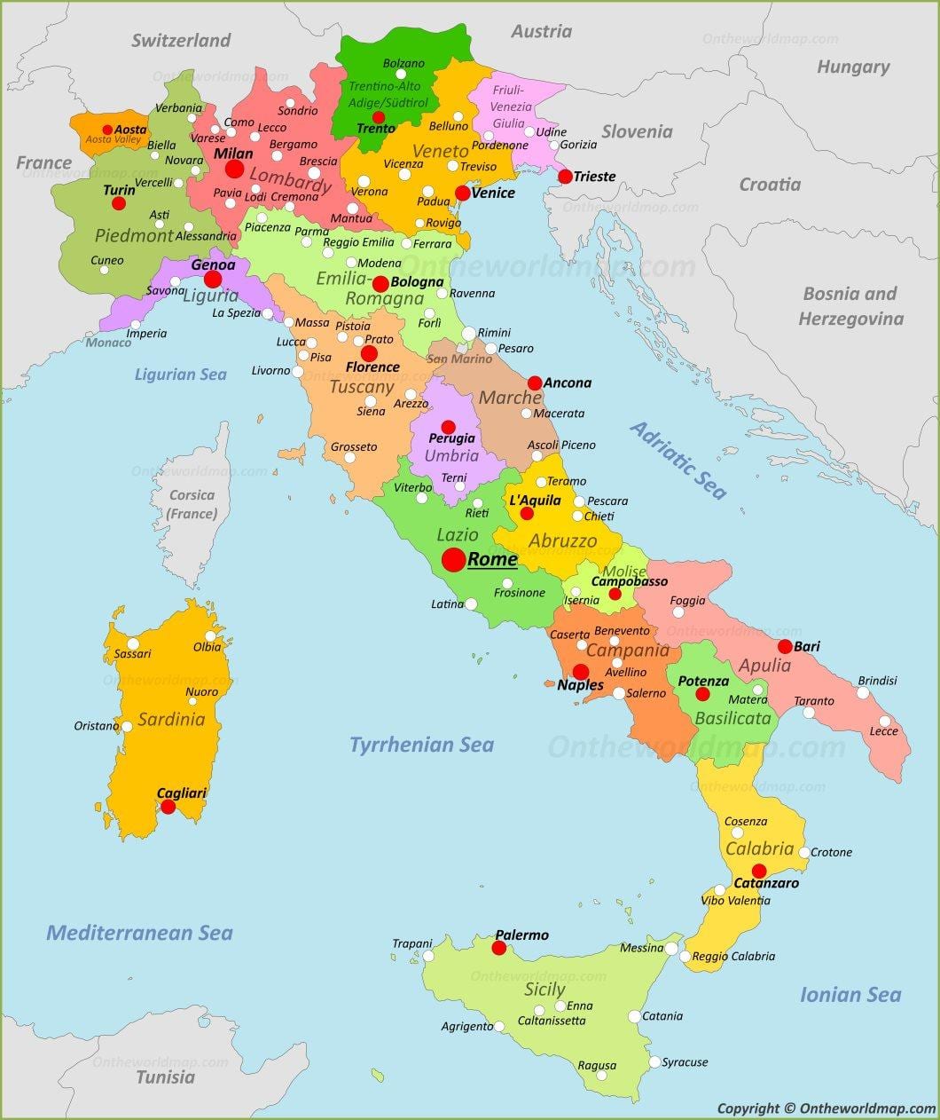 Italien Landkarte mit Städten und Regionen