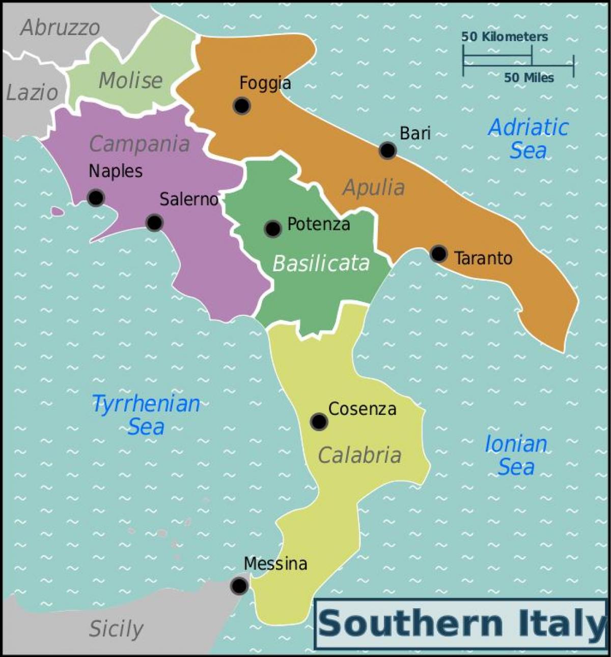 Karte von southern Italien - Map von Süd-Italien mit den Städten